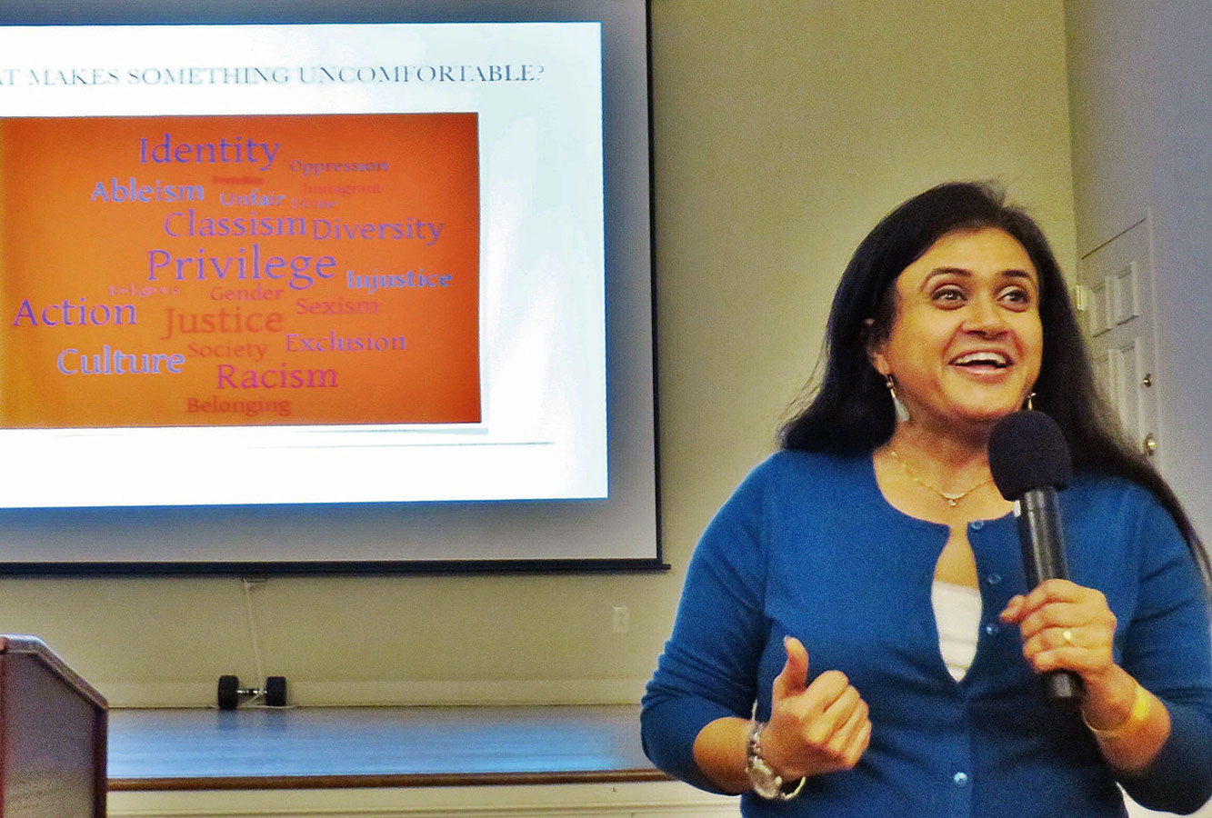 Talking about social justice can be uncomfortable. Dr. Joshi tackles the topic head-on with a group of educators in western Massachusetts in 2019. 